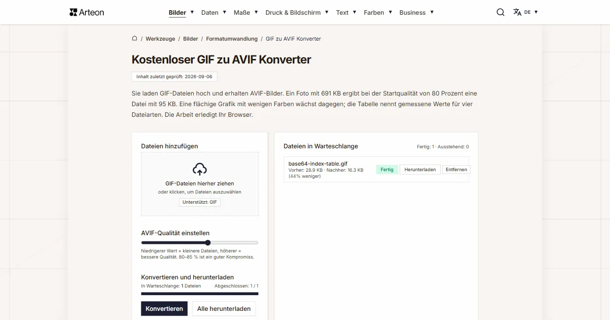 Screenshot des kostenlosen Arteon-Werkzeugs: Kostenloser GIF zu AVIF Konverter