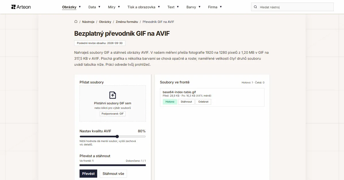 Snímek obrazovky bezplatného nástroje Arteon: Bezplatný převodník GIF na AVIF