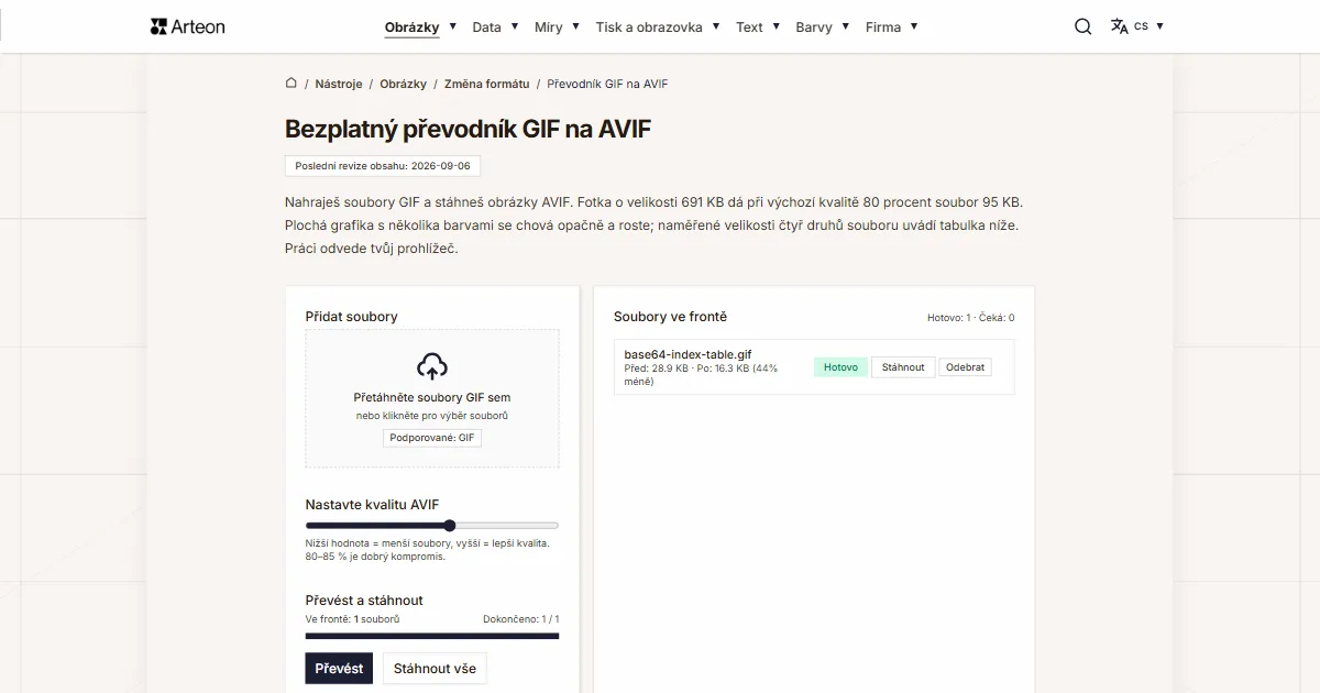 Snímek obrazovky bezplatného nástroje Arteon: Bezplatný převodník GIF na AVIF