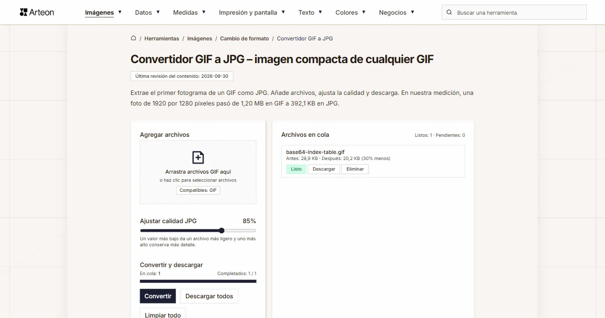 Captura de pantalla de la herramienta gratuita de Arteon: Convertidor GIF a JPG – imagen compacta de cualquier GIF