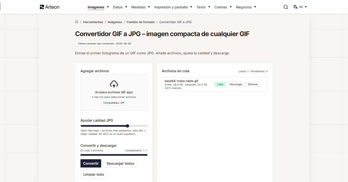 Captura de pantalla de la herramienta gratuita de Arteon: Convertidor GIF a JPG – imagen compacta de cualquier GIF