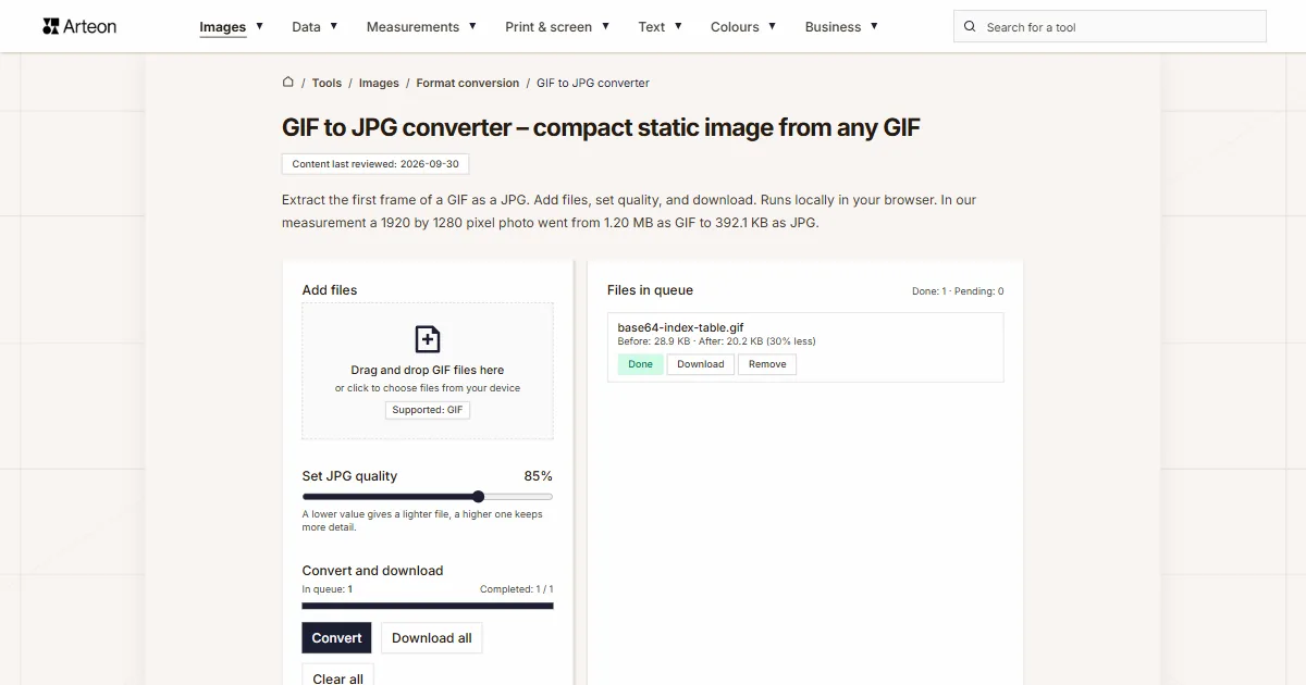 Arteon free tool screenshot: GIF to JPG converter – compact static image from any GIF