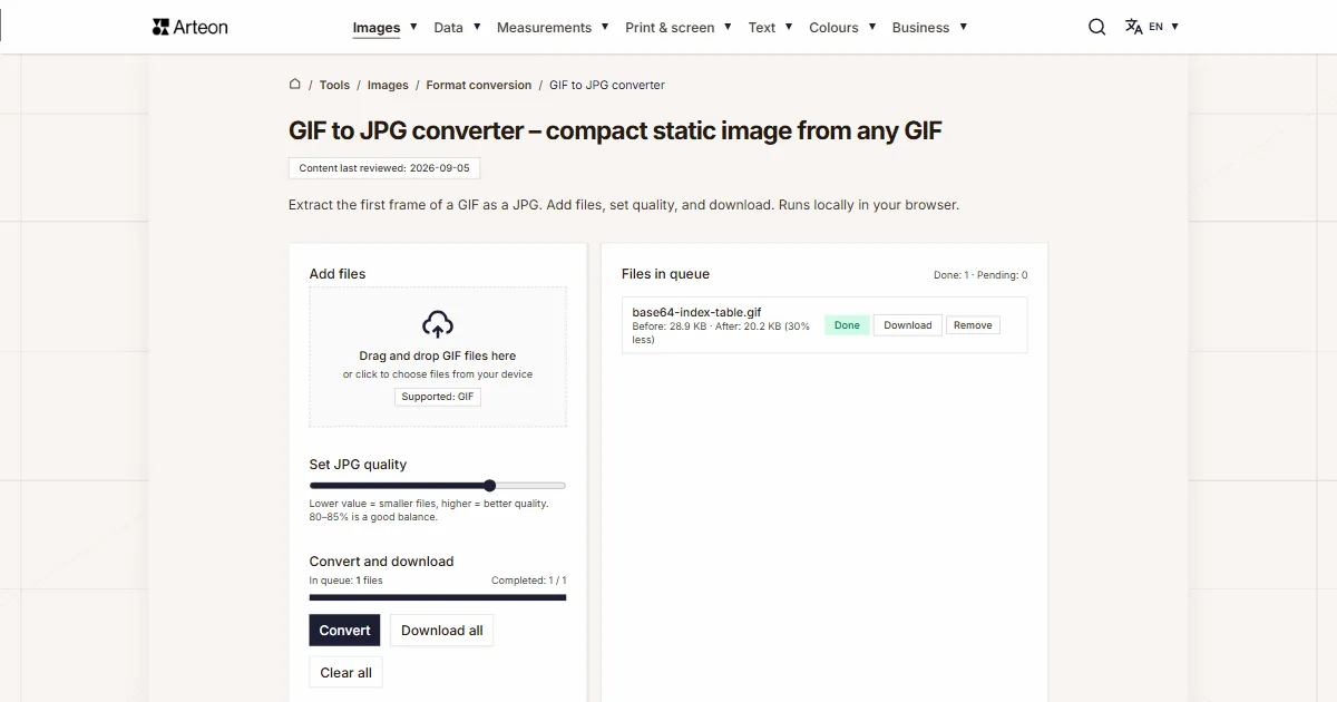Arteon free tool screenshot: GIF to JPG converter – compact static image from any GIF