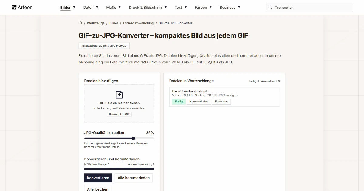 Screenshot des kostenlosen Arteon-Werkzeugs: GIF-zu-JPG-Konverter – kompaktes Bild aus jedem GIF