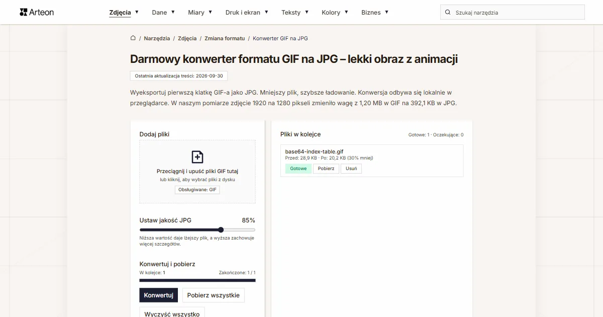 Zrzut ekranu darmowego narzędzia Arteon: Darmowy konwerter formatu GIF na JPG – lekki obraz z animacji