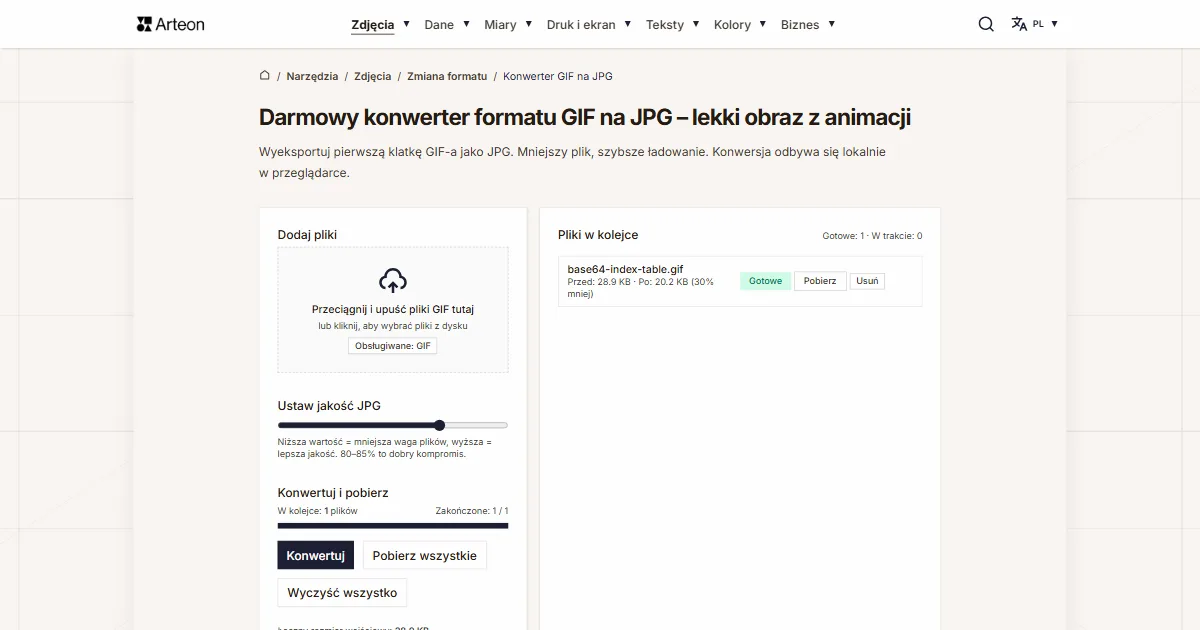 Zrzut ekranu darmowego narzędzia Arteon: Darmowy konwerter formatu GIF na JPG – lekki obraz z animacji
