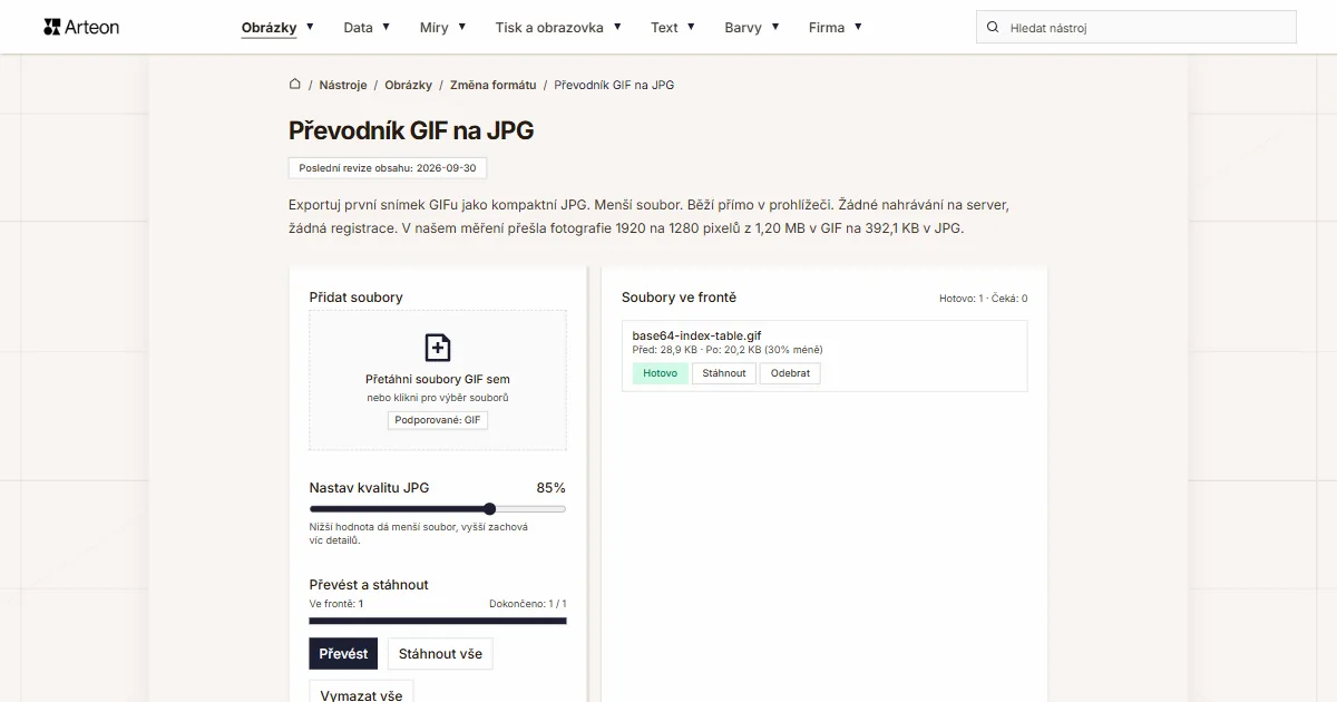 Snímek obrazovky bezplatného nástroje Arteon: Převodník GIF na JPG