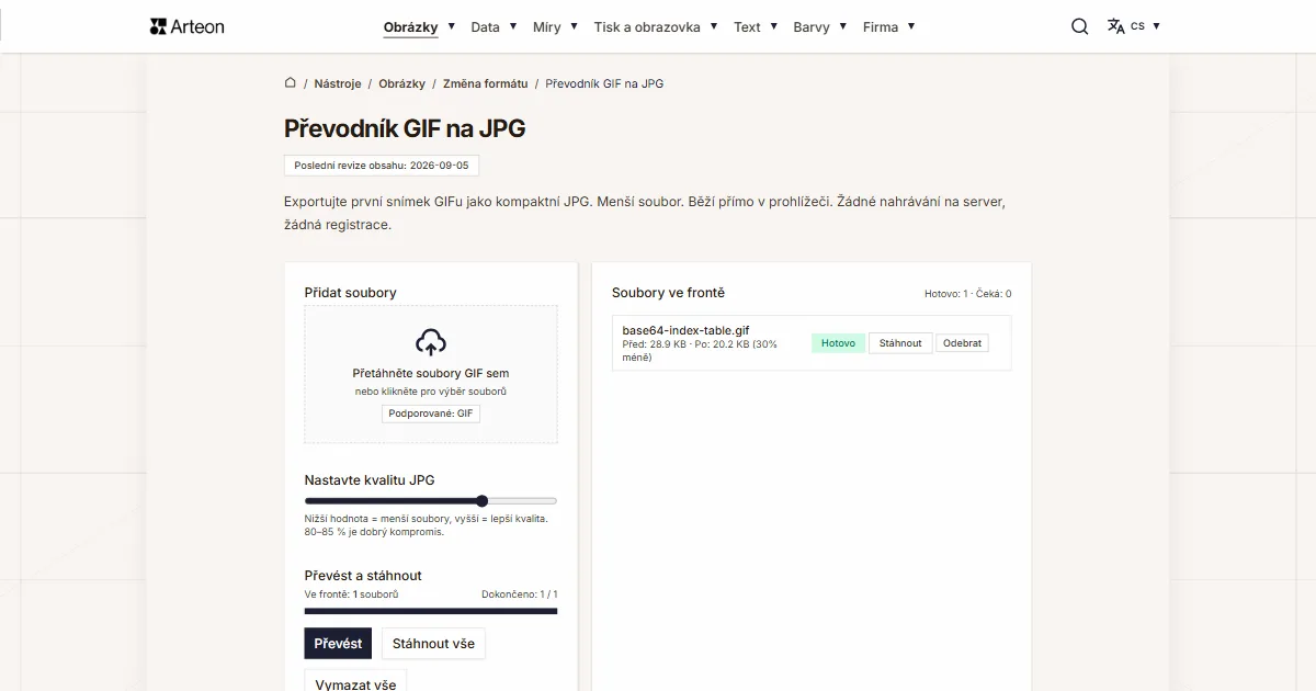 Snímek obrazovky bezplatného nástroje Arteon: Převodník GIF na JPG