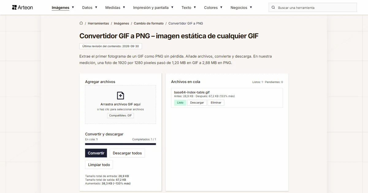 Captura de pantalla de la herramienta gratuita de Arteon: Convertidor GIF a PNG – imagen estática de cualquier GIF