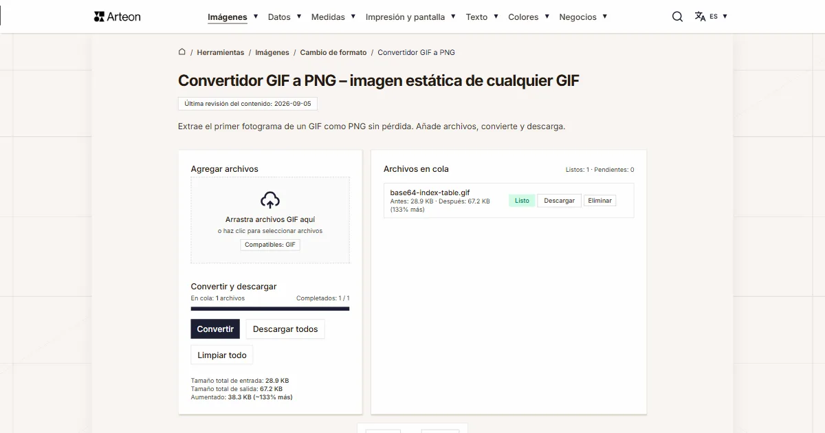 Captura de pantalla de la herramienta gratuita de Arteon: Convertidor GIF a PNG – imagen estática de cualquier GIF