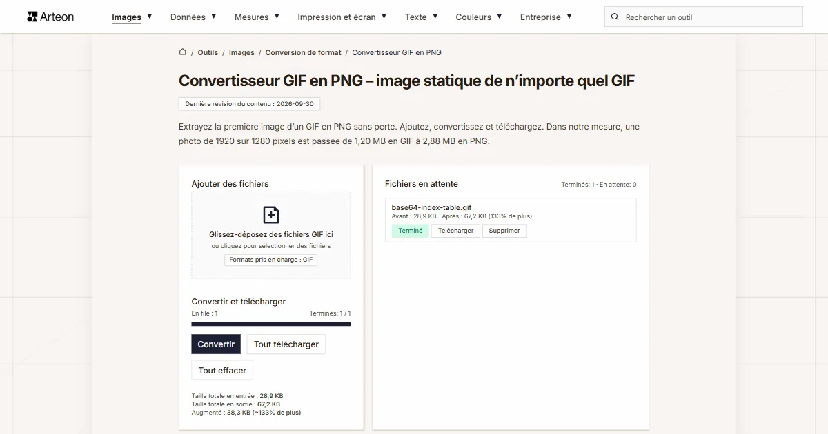 Capture d'écran de l'outil gratuit d'Arteon: Convertisseur GIF en PNG – image statique de n’importe quel GIF