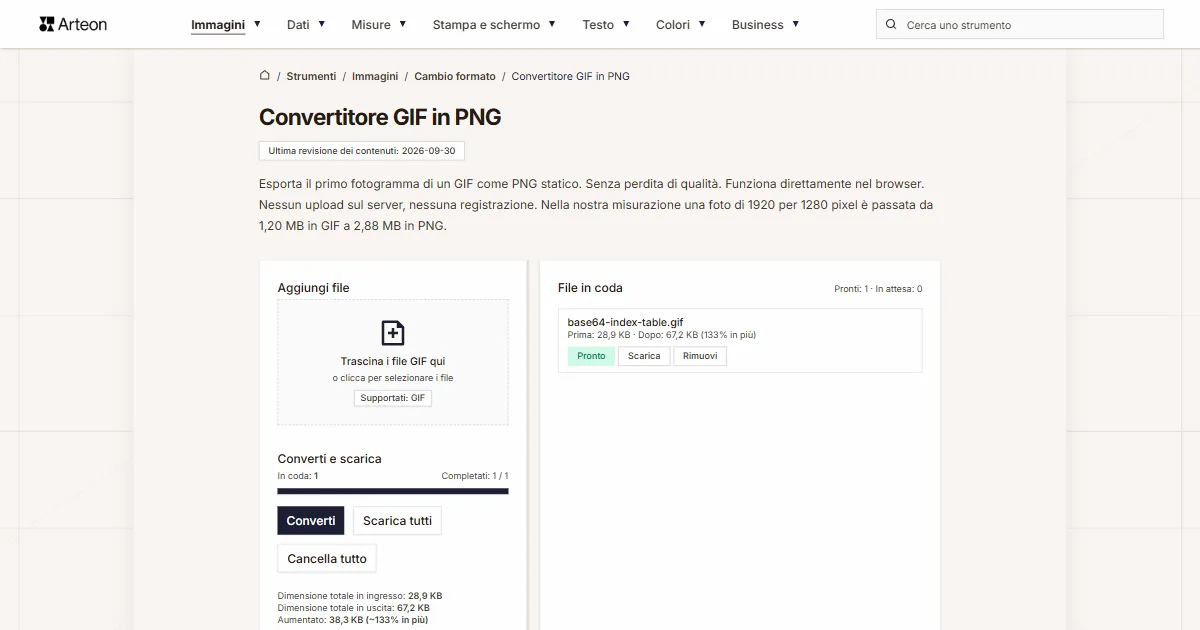 Screenshot dello strumento gratuito Arteon: Convertitore GIF in PNG