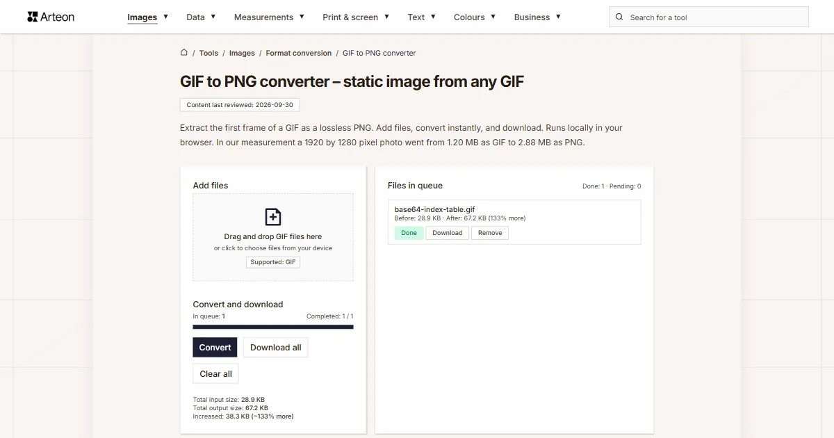 Arteon free tool screenshot: GIF to PNG converter – static image from any GIF