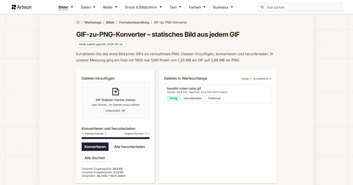 Screenshot des kostenlosen Arteon-Werkzeugs: GIF-zu-PNG-Konverter – statisches Bild aus jedem GIF