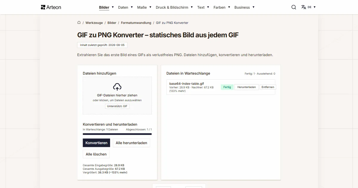 Screenshot des kostenlosen Arteon-Werkzeugs: GIF zu PNG Konverter – statisches Bild aus jedem GIF