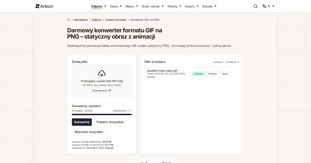 Zrzut ekranu darmowego narzędzia Arteon: Darmowy konwerter formatu GIF na PNG – statyczny obraz z animacji