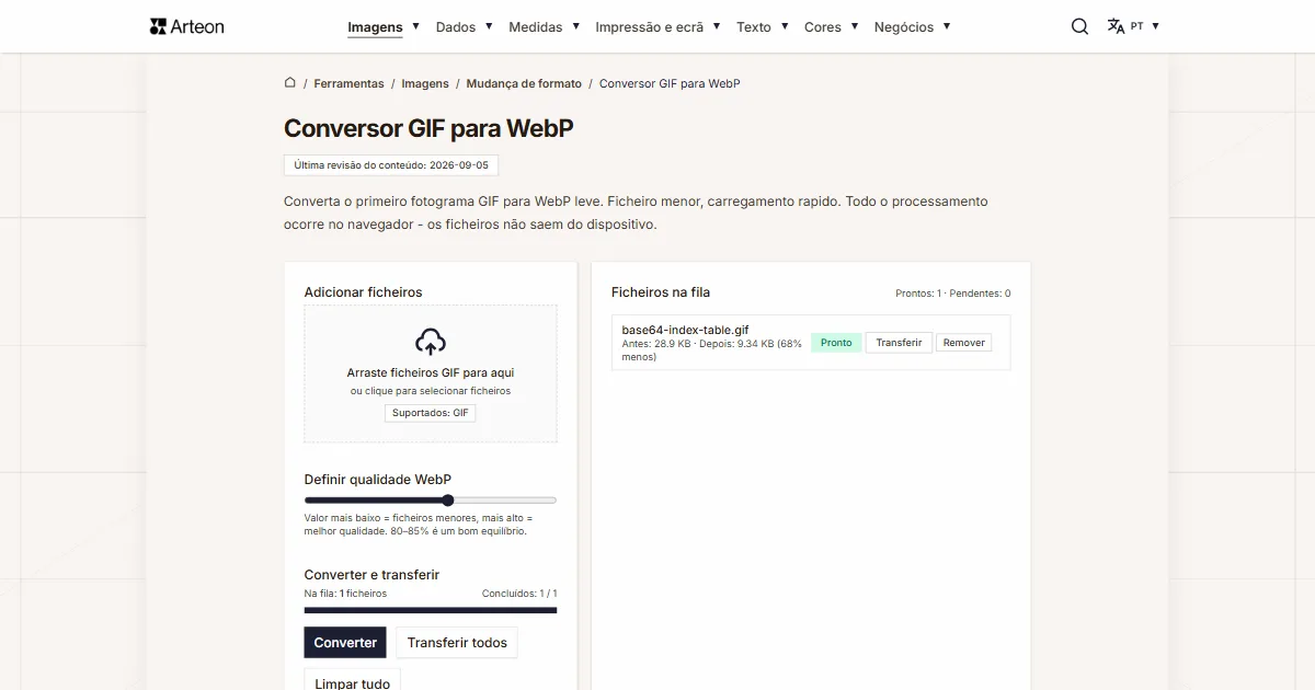 Captura de ecrã da ferramenta gratuita da Arteon: Conversor GIF para WebP