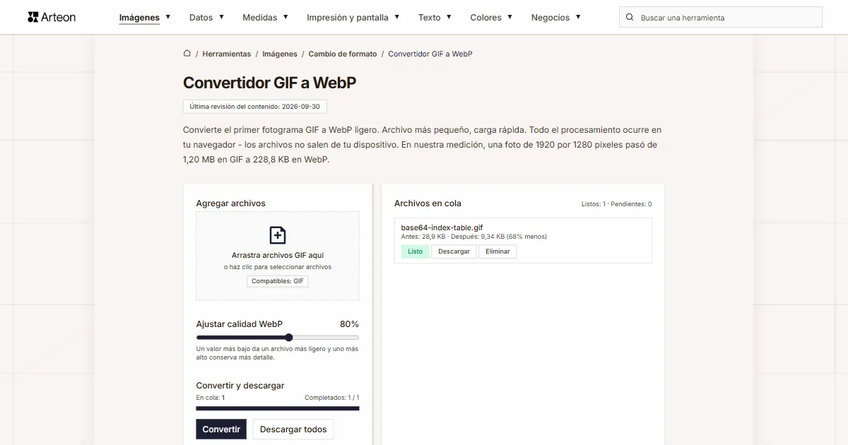 Captura de pantalla de la herramienta gratuita de Arteon: Convertidor GIF a WebP