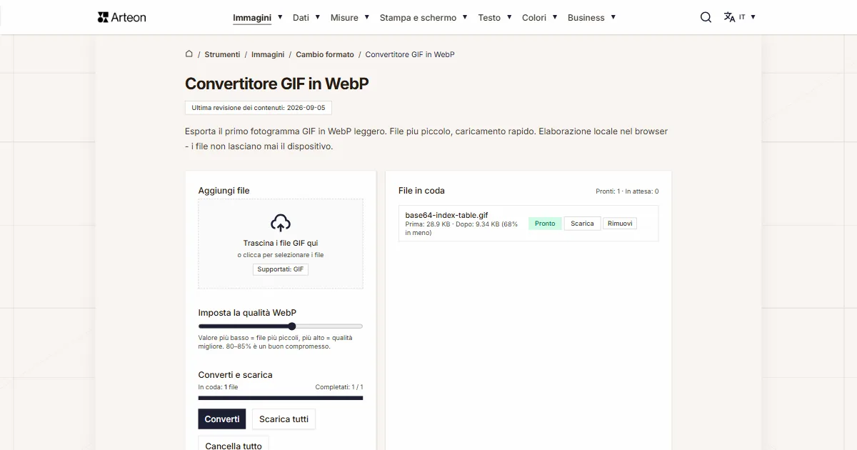 Screenshot dello strumento gratuito Arteon: Convertitore GIF in WebP