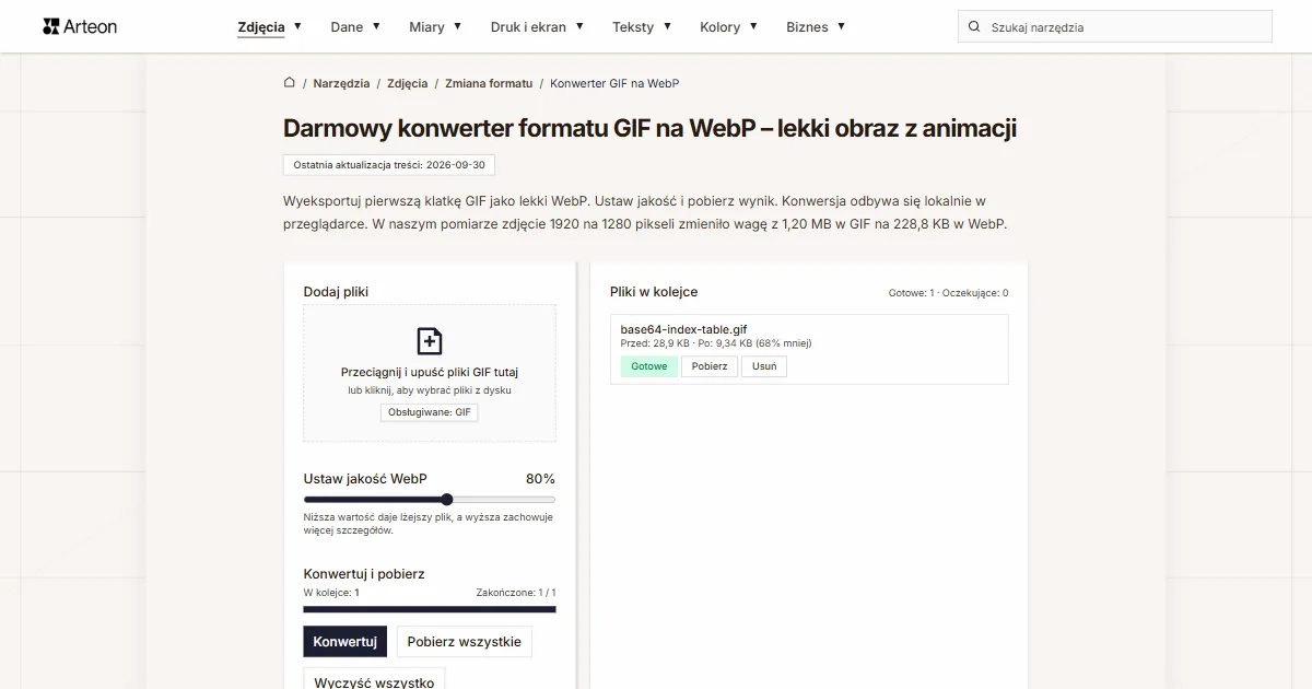 Zrzut ekranu darmowego narzędzia Arteon: Darmowy konwerter formatu GIF na WebP – lekki obraz z animacji
