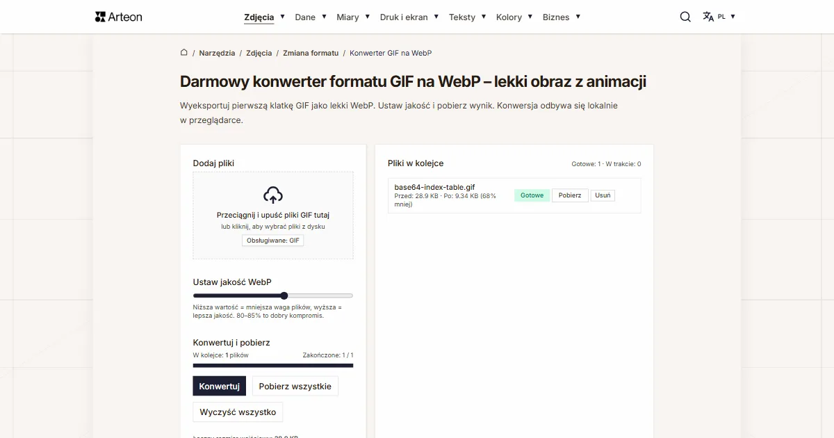 Zrzut ekranu darmowego narzędzia Arteon: Darmowy konwerter formatu GIF na WebP – lekki obraz z animacji