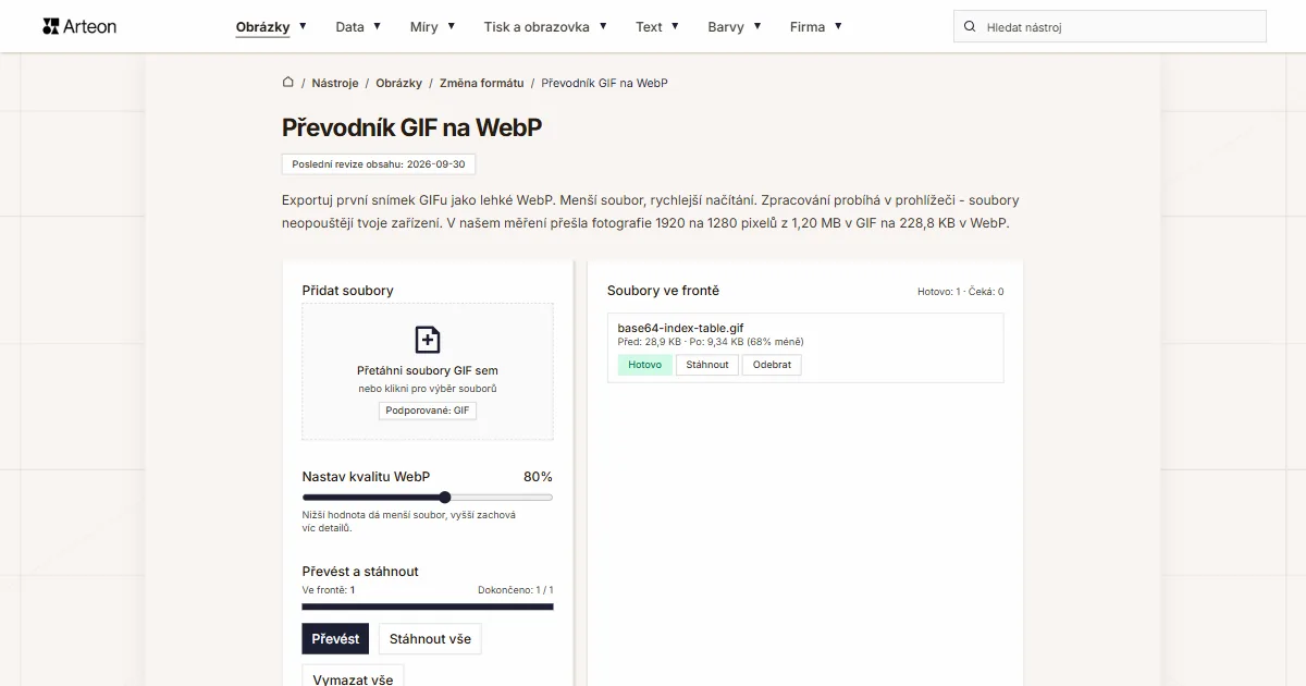 Snímek obrazovky bezplatného nástroje Arteon: Převodník GIF na WebP
