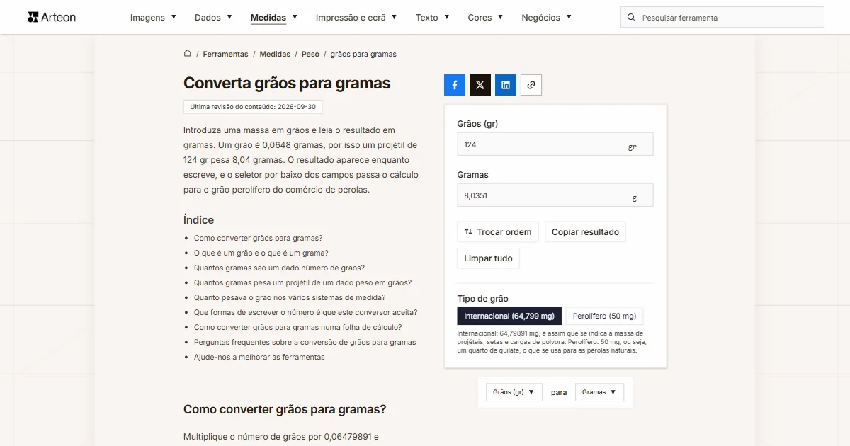 Captura de ecrã da ferramenta gratuita da Arteon: Converta grãos para gramas