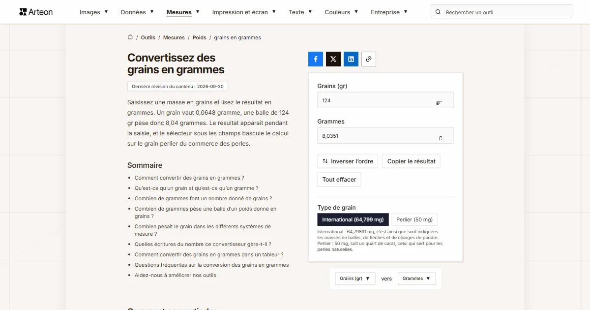 Capture d'écran de l'outil gratuit d'Arteon: Convertissez des grains en grammes