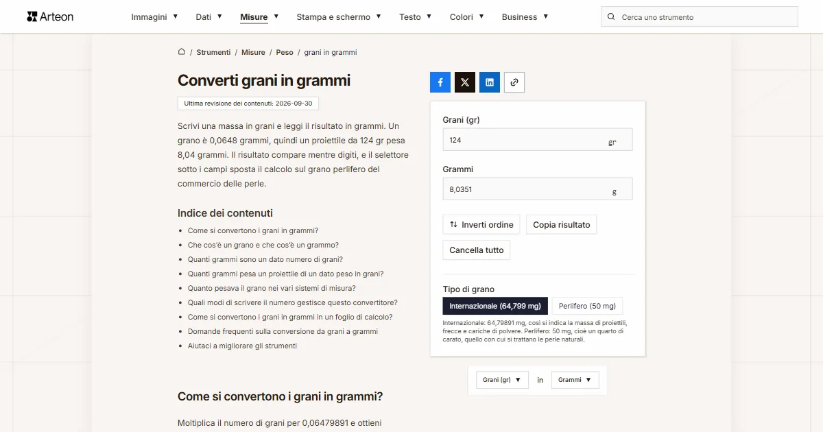 Screenshot dello strumento gratuito Arteon: Converti grani in grammi