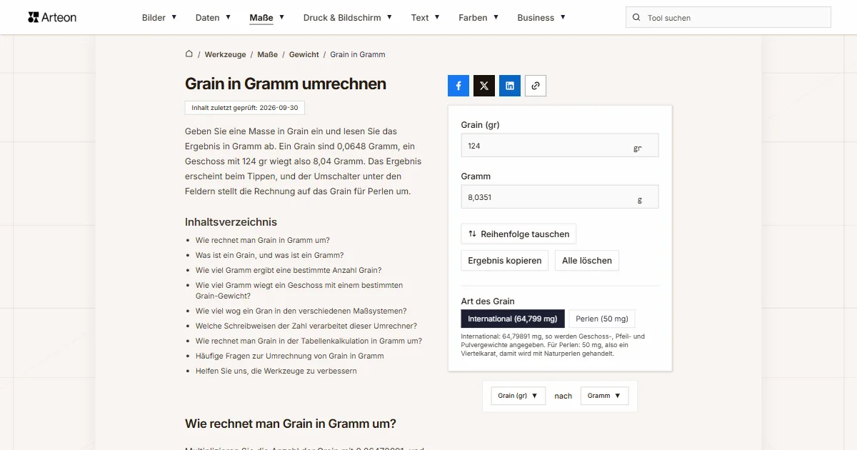 Screenshot des kostenlosen Arteon-Werkzeugs: Grain in Gramm umrechnen