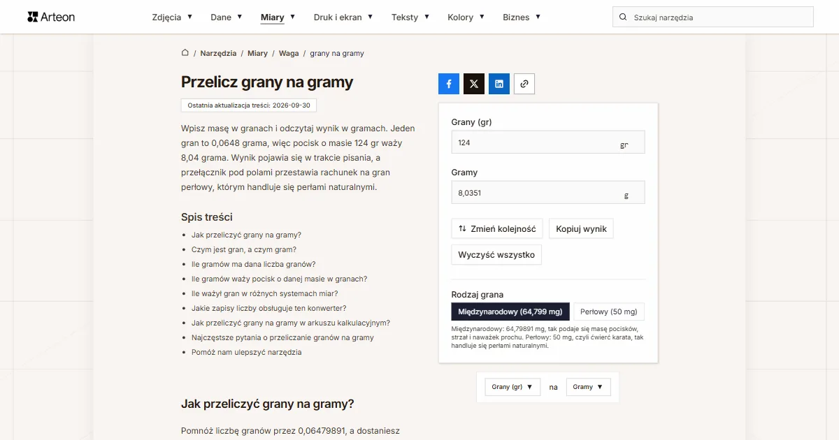 Zrzut ekranu darmowego narzędzia Arteon: Przelicz grany na gramy