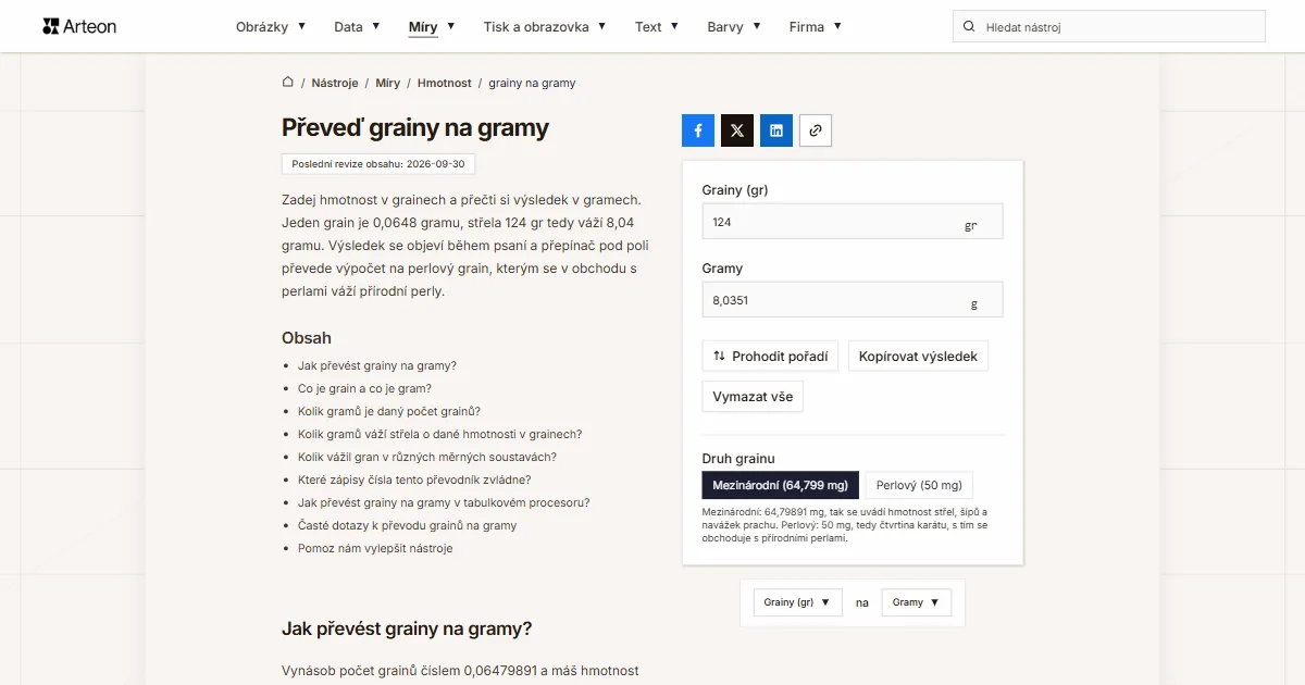 Snímek obrazovky bezplatného nástroje Arteon: Převeď grainy na gramy