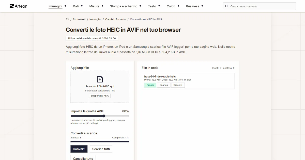 Screenshot dello strumento gratuito Arteon: Converti le foto HEIC in AVIF nel tuo browser
