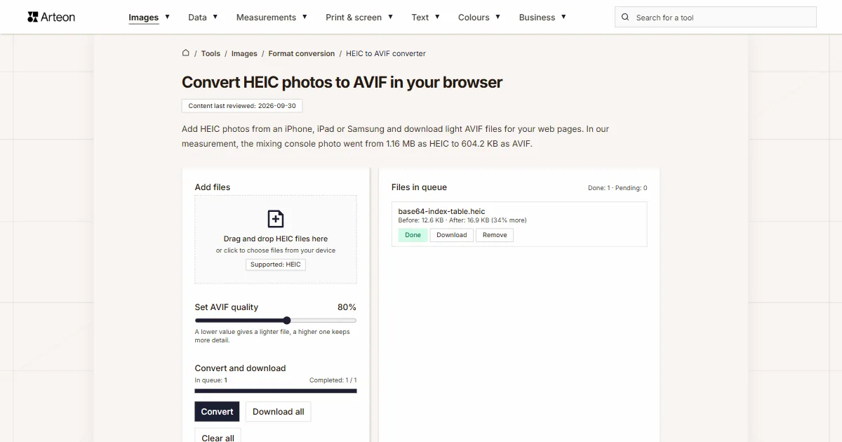 Arteon free tool screenshot: Convert HEIC photos to AVIF in your browser