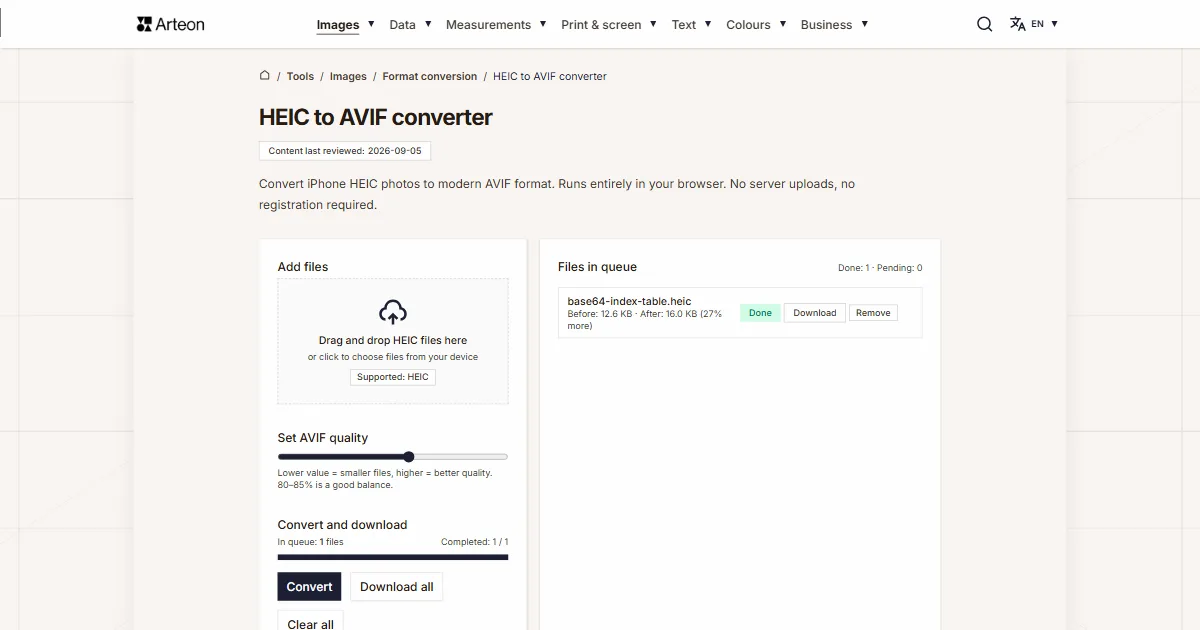 Arteon free tool screenshot: HEIC to AVIF converter