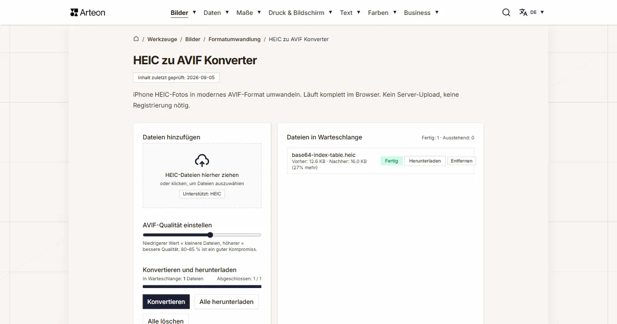 Screenshot des kostenlosen Arteon-Werkzeugs: HEIC zu AVIF Konverter