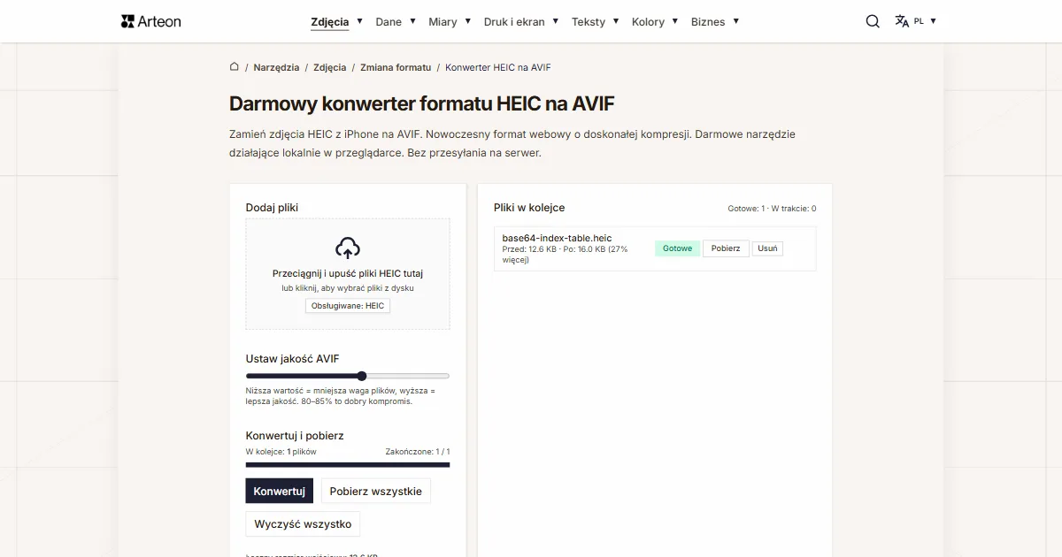 Zrzut ekranu darmowego narzędzia Arteon: Darmowy konwerter formatu HEIC na AVIF