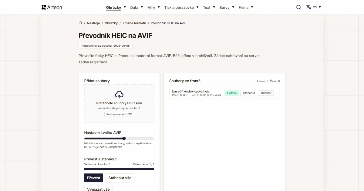 Snímek obrazovky bezplatného nástroje Arteon: Převodník HEIC na AVIF