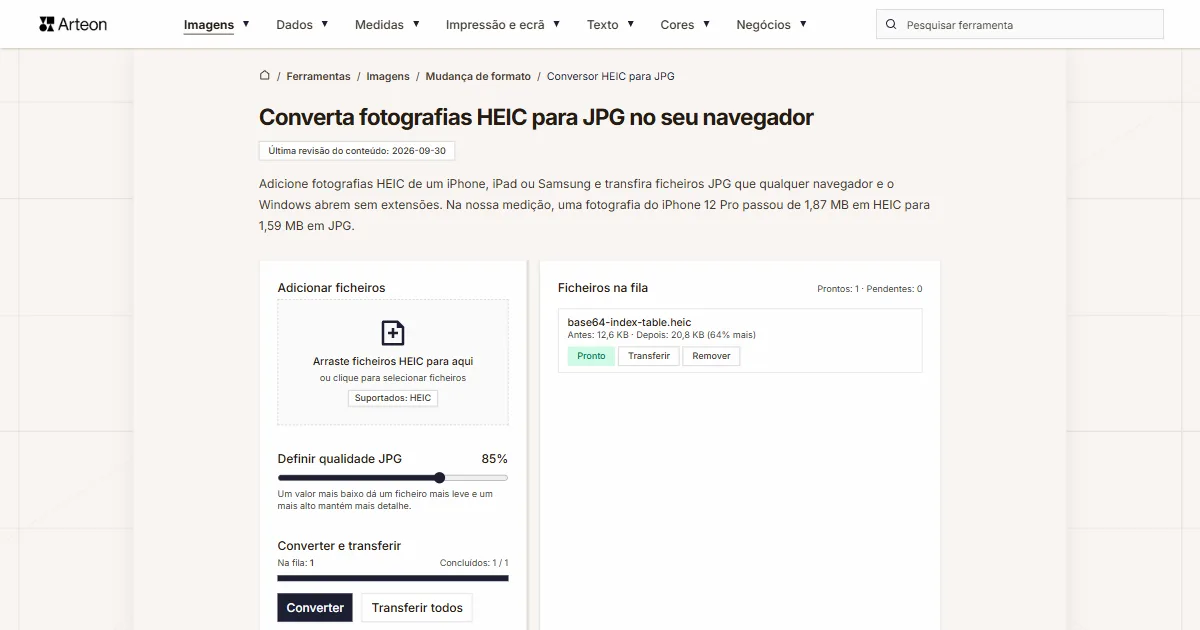 Captura de ecrã da ferramenta gratuita da Arteon: Converta fotografias HEIC para JPG no seu navegador