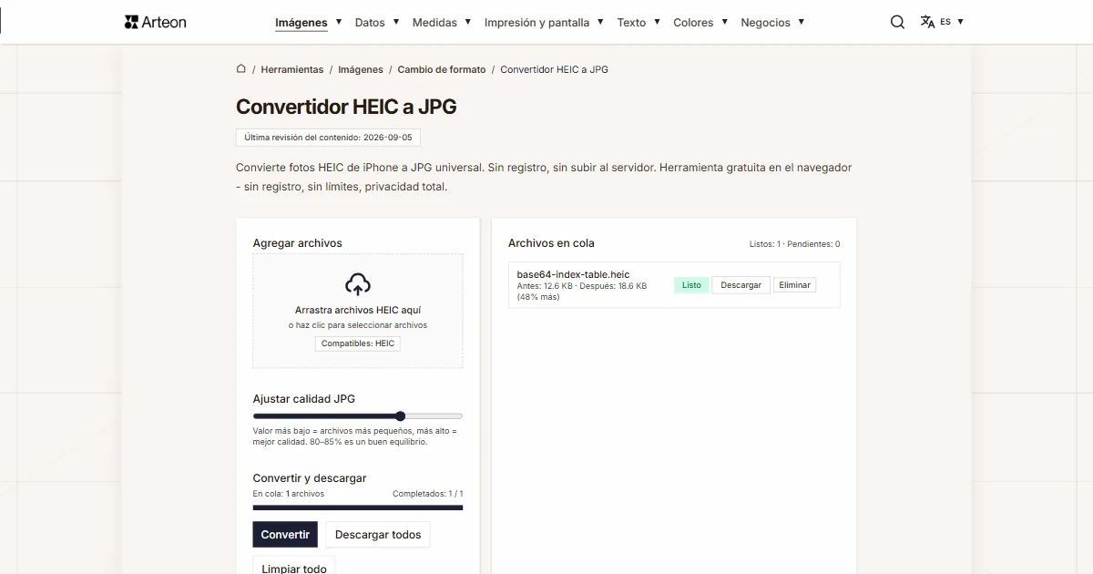 Captura de pantalla de la herramienta gratuita de Arteon: Convertidor HEIC a JPG