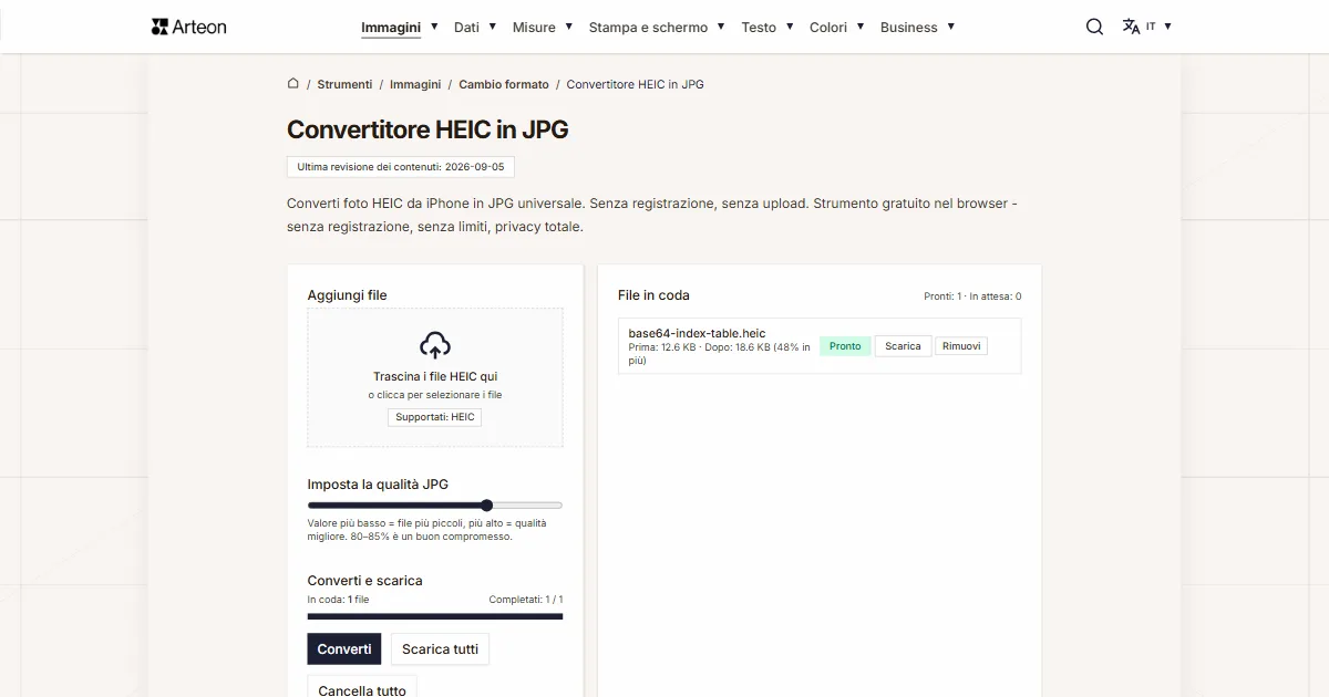 Screenshot dello strumento gratuito Arteon: Convertitore HEIC in JPG
