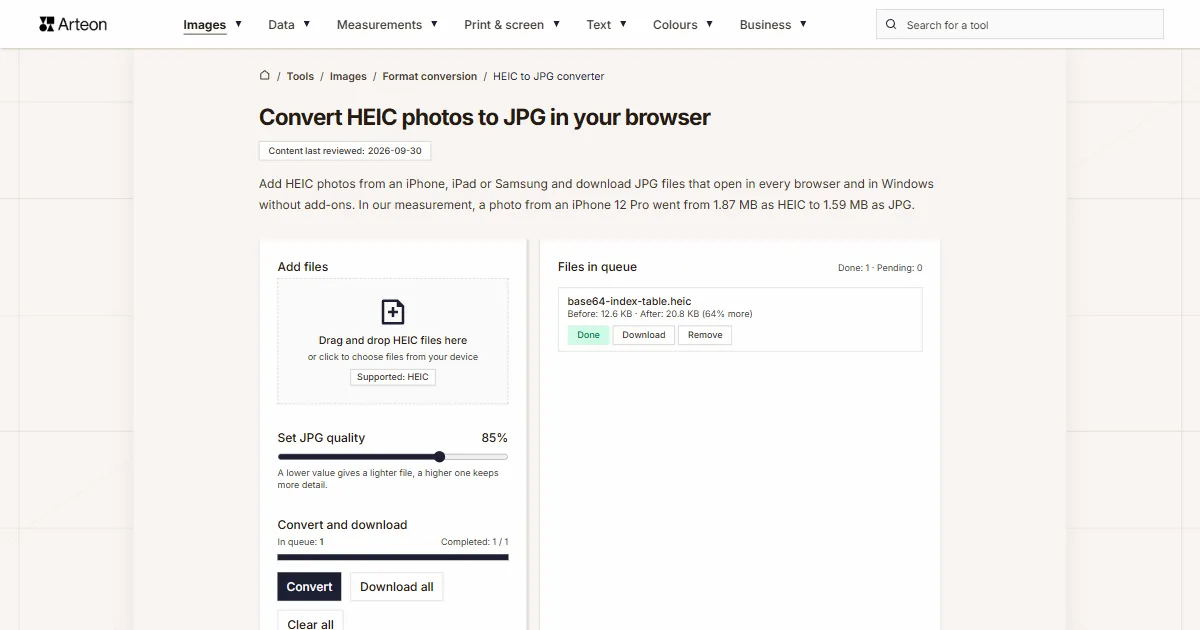 Arteon free tool screenshot: Convert HEIC photos to JPG in your browser