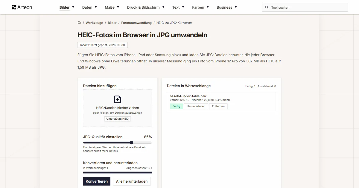Screenshot des kostenlosen Arteon-Werkzeugs: HEIC-Fotos im Browser in JPG umwandeln
