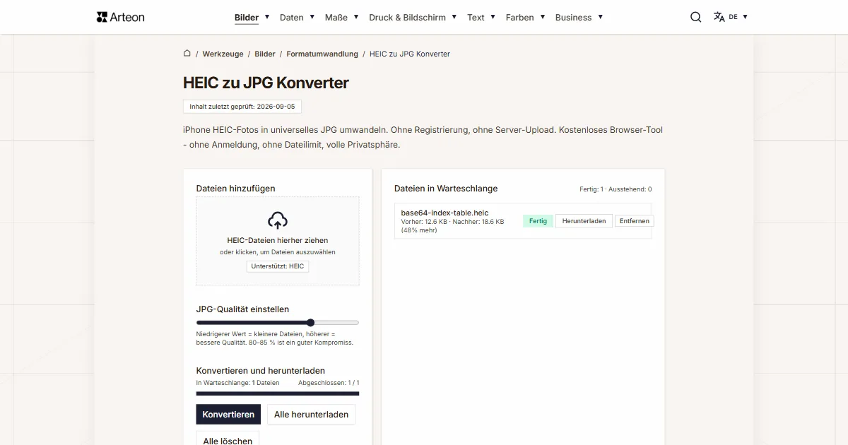 Screenshot des kostenlosen Arteon-Werkzeugs: HEIC zu JPG Konverter