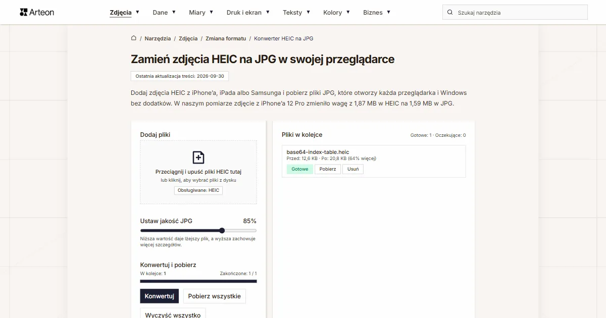 Zrzut ekranu darmowego narzędzia Arteon: Zamień zdjęcia HEIC na JPG w swojej przeglądarce
