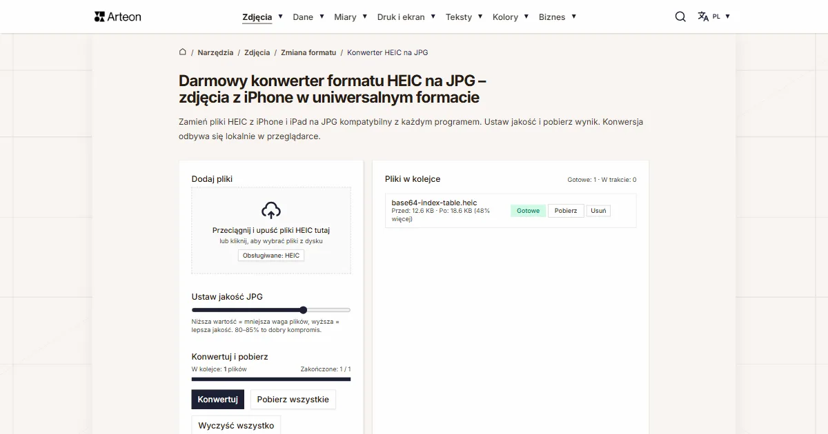 Zrzut ekranu darmowego narzędzia Arteon: Darmowy konwerter formatu HEIC na JPG – zdjęcia z iPhone w uniwersalnym formacie