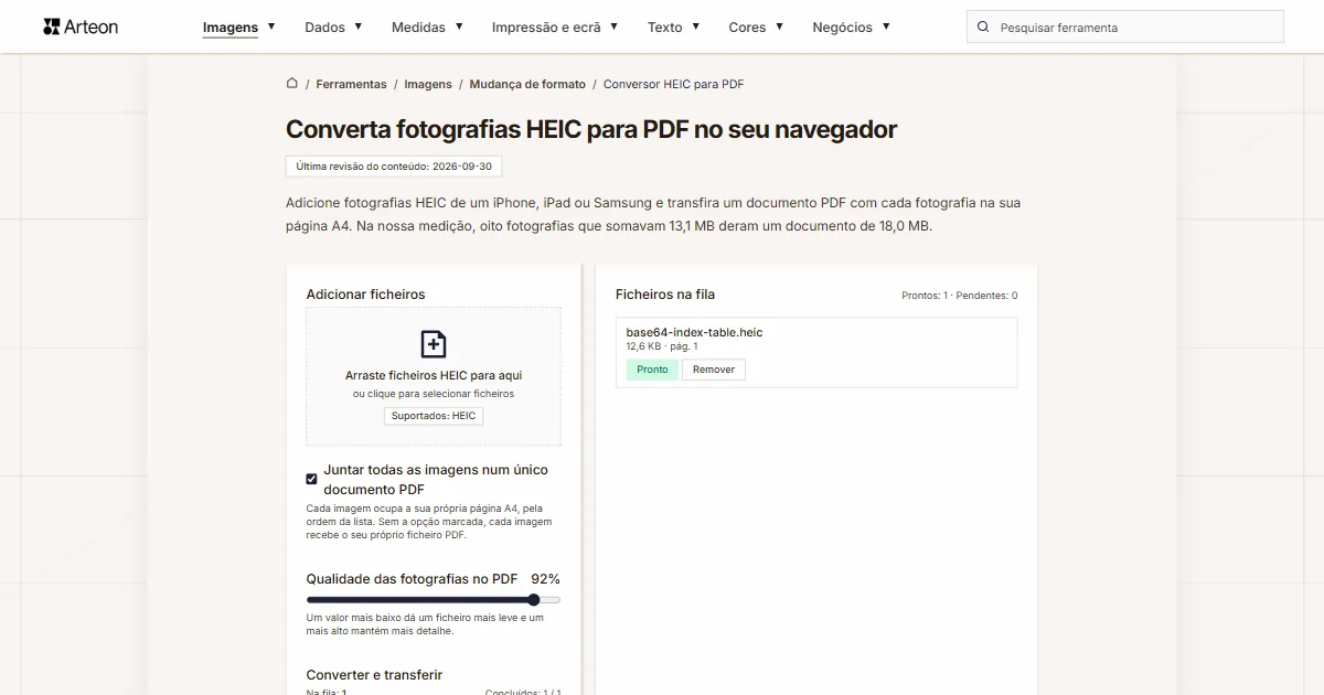 Captura de ecrã da ferramenta gratuita da Arteon: Converta fotografias HEIC para PDF no seu navegador