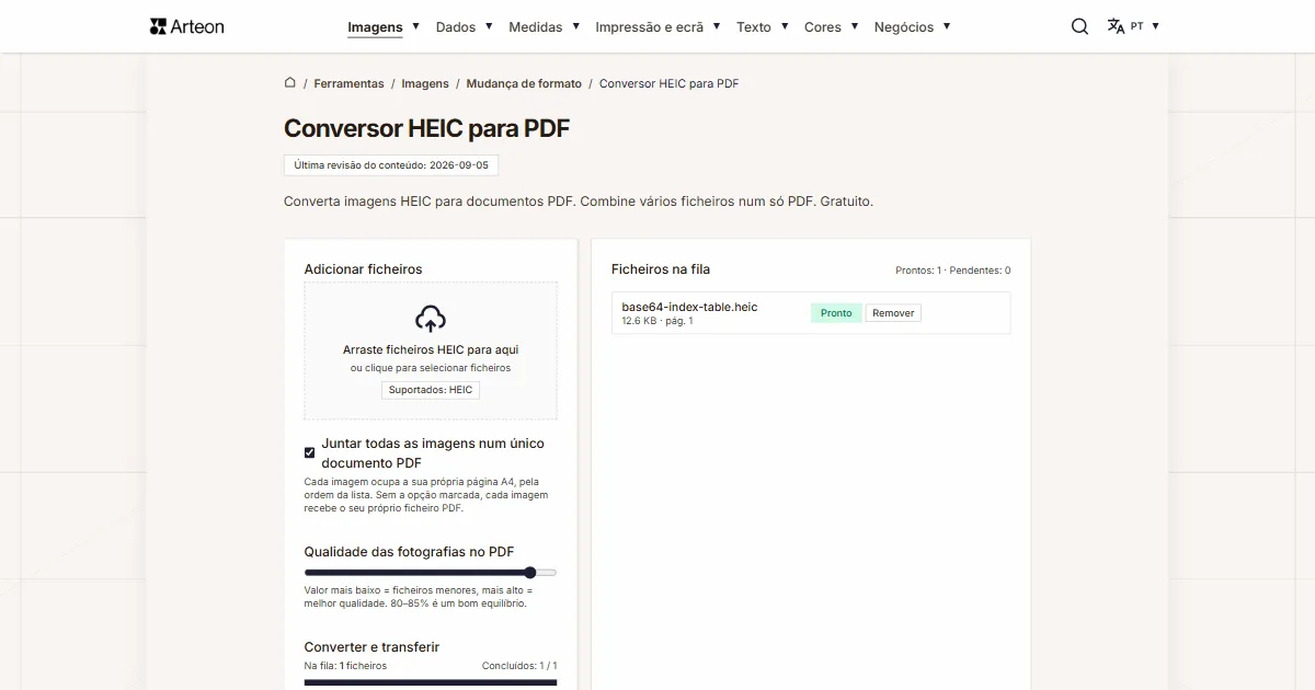 Captura de ecrã da ferramenta gratuita da Arteon: Conversor HEIC para PDF