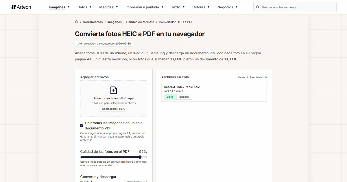Captura de pantalla de la herramienta gratuita de Arteon: Convierte fotos HEIC a PDF en tu navegador
