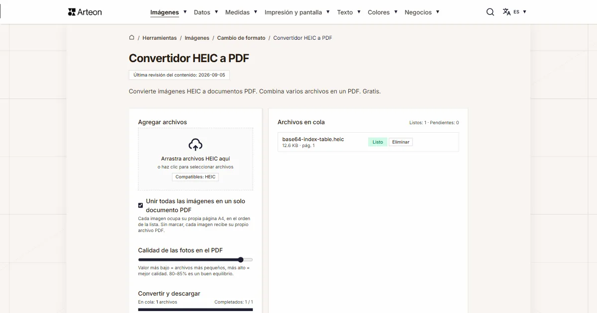 Captura de pantalla de la herramienta gratuita de Arteon: Convertidor HEIC a PDF